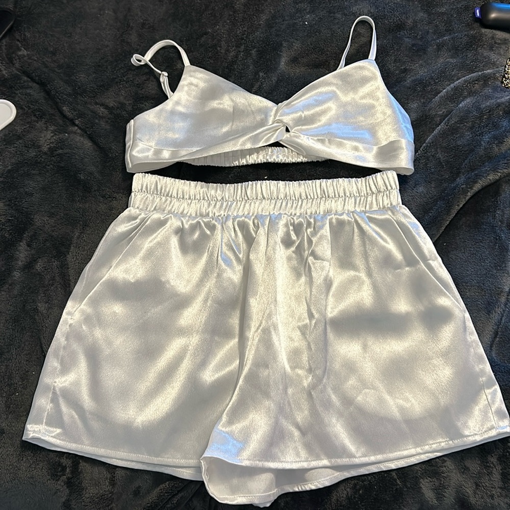 2 Piece White Satin Set